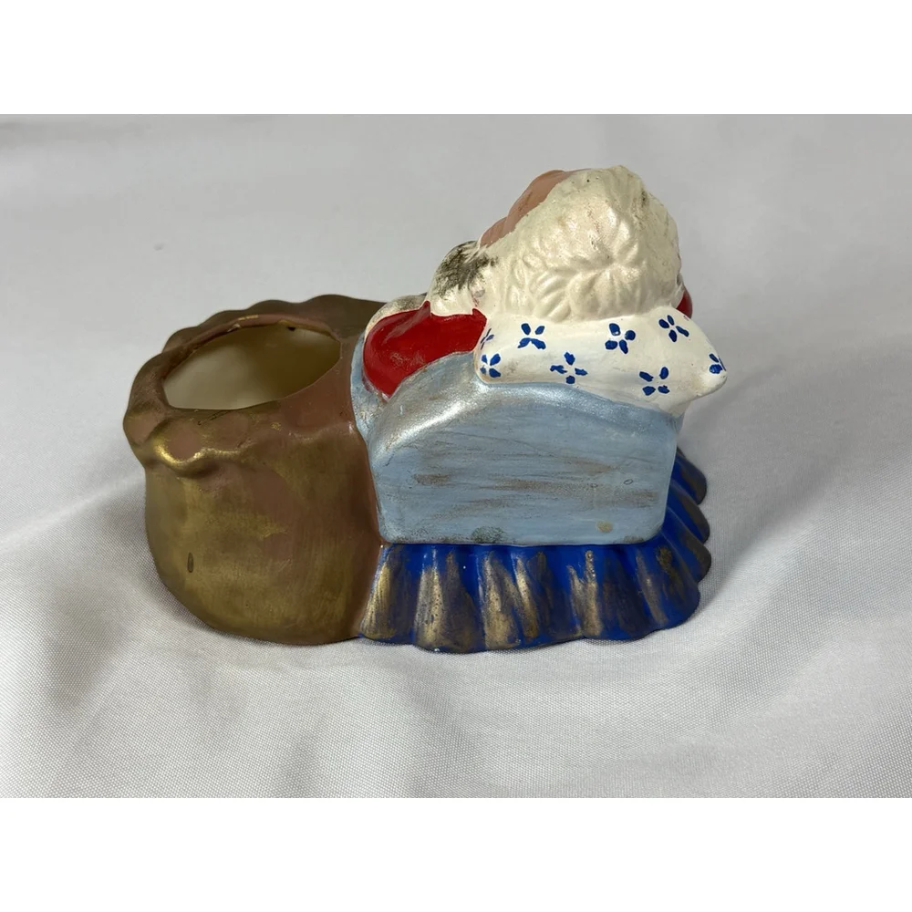 VINTAGE HANDPAINTED CERAMIC MOLD SLEEPING NAPPING SANTA PLANTER 6.5x4.5”